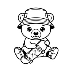 Fototapeta premium Cute Teddy Bear Wearing Hat and Holding Skateboard.