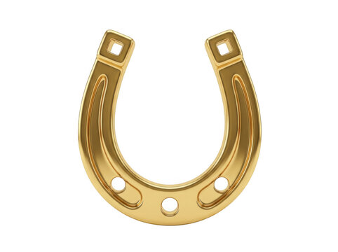 A classic horseshoe made of polished gold with visible nail holes, symbolizing good luck and fortune, isolated on a solid black background isolated on a transparent background