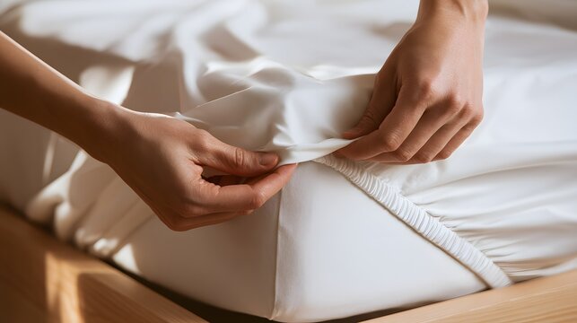 Close-up of hands tucking white bedsheet around mattress corner.