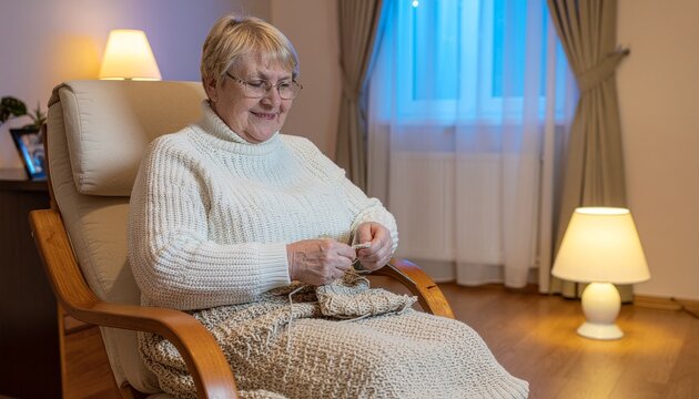 Senior woman with endomorph body type knitting cozy sweater in warm home interior at night