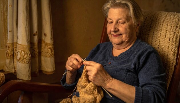 Senior woman with endomorph body type joyfully knitting cozy sweater in warm home setting
