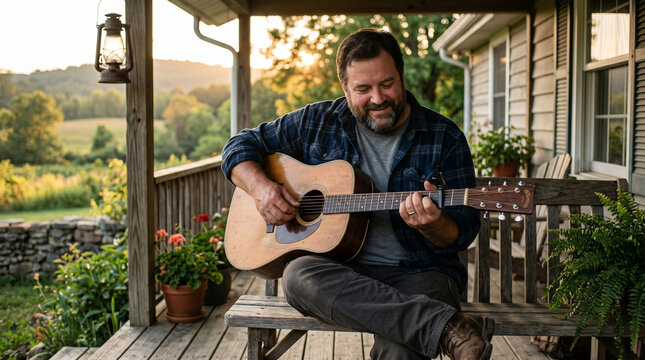 Endomorph Musician Playing Acoustic Guitar on a Rustic Porch at Sunset