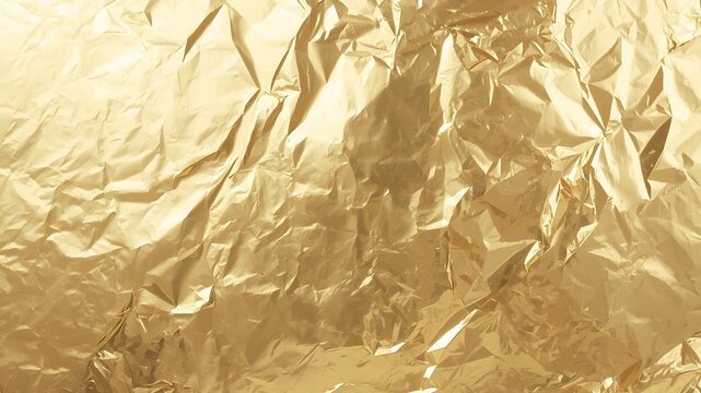 Gold foil texture background with metallic crumpled surface and luxury shiny light reflection