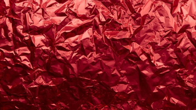 Red crumpled metallic foil texture background for luxury design and holiday wrapping paper