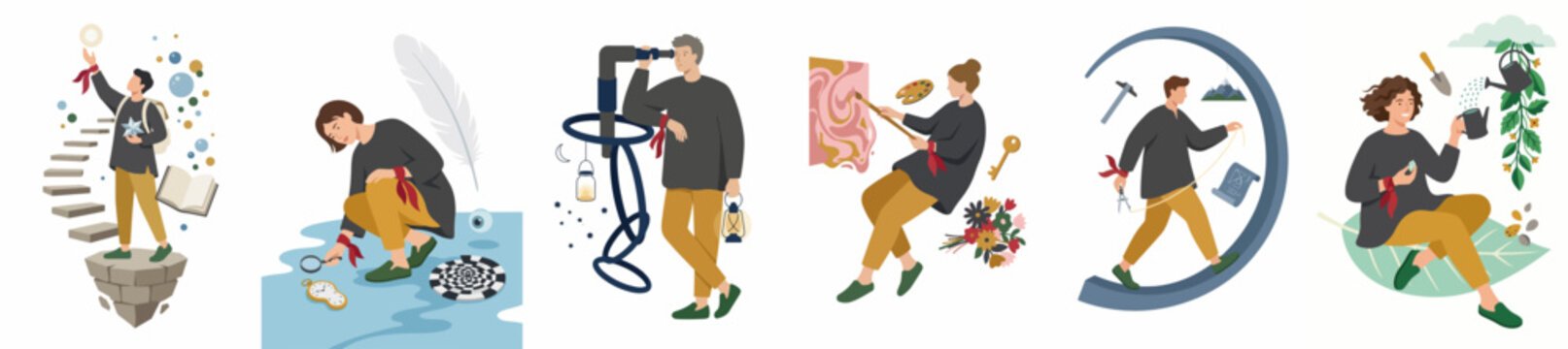 Set of Flat Vector Illustrations Depicting Diverse Creative and Scientific Pursuits Including Painting, Research, Gardening, and Exploring Imaginary Worlds
