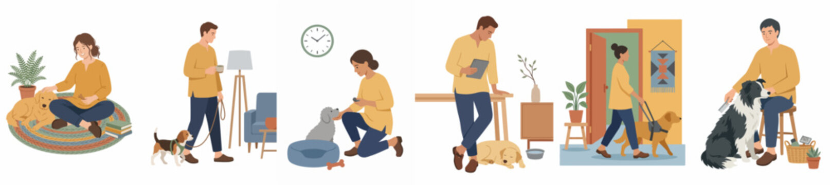 Set of flat illustrations depicting people spending time with their pet dogs at home, walking, petting, and grooming them.