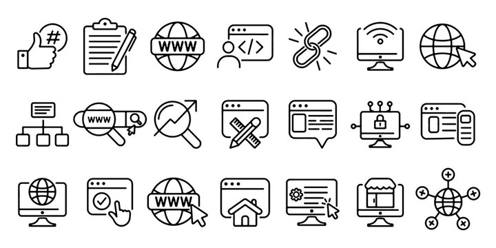 Website icon set. Web design, seo, e-commerce, hosting, server and digital marketing solid icons. Vector illustration.