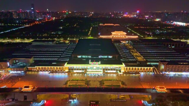 Aerial Night View of Xi'an Railway Station in China