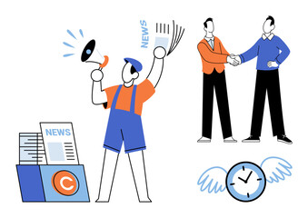 People announcing news and shaking hands vector illustration. Marketing, corporate communication, partnership, time management, information, public relations. Characters sharing updates and deals © Dmytro