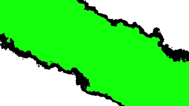 Diagonal torn paper transition effect revealing a green screen. Black torn edges on a white background for chroma key video editing.