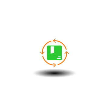Vector illustration of box package with round arrows back. Icon of return policy. Symbol of replace order or exchange product.