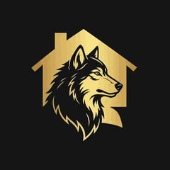 Obraz premium Golden Wolf Head Silhouette Inside House Outline Logo Design.