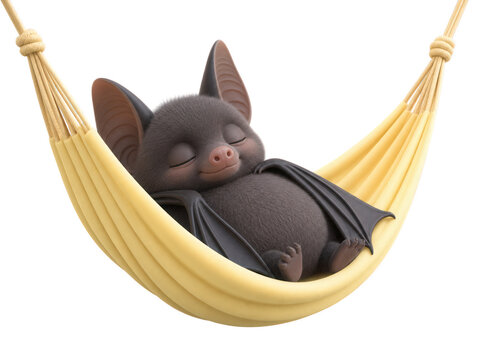 Cute Little Bat Sleeping Peacefully Inside a Soft Yellow Hanging Hammock