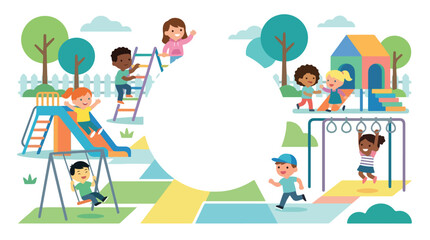 Fototapeta premium Happy diverse children play together at a colorful outdoor playground featuring slides, swings, and a playhouse.