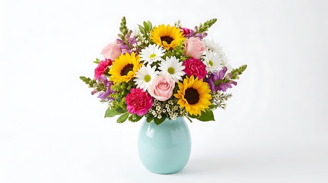 Colorful Spring Flower Bouquet with Sunflowers and Roses in Blue Vase Studio Photography for Celebration Gift Home Decor