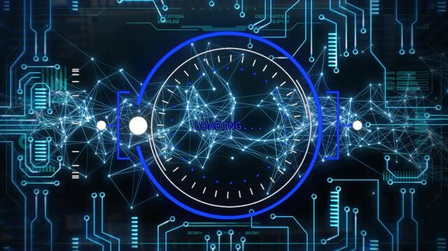 Digital data network interface with glowing connections and circular loading indicators on dark background with loading elements nodes circular video digital infrastructure communication abstract