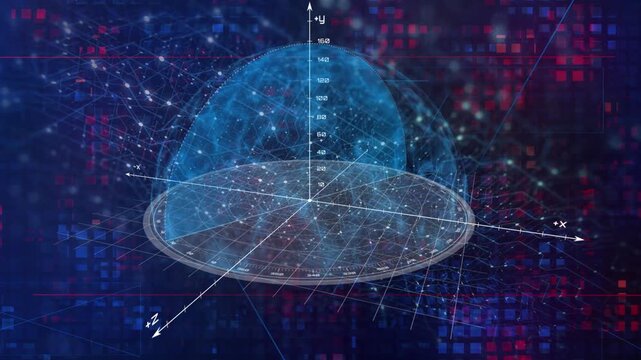 Digital hemispherical radar projection with coordinate axes displayed on a dark blue tech background with video rotating blue 3D hemisphere coordinate lines over digital grid background visualization