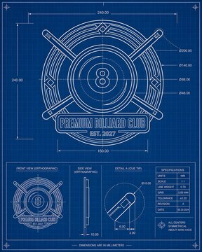 Technical Blueprint Illustration of a Premium Billiard Club Logo with 8-Ball and Crossed Pool Cues