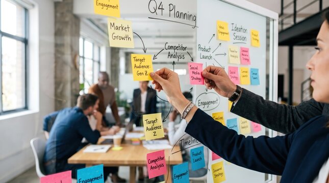Creative business team brainstorming session around whiteboard covered in colorful sticky notes for Q4 planning strategy, focusing on target audience Gen Z engagement and market