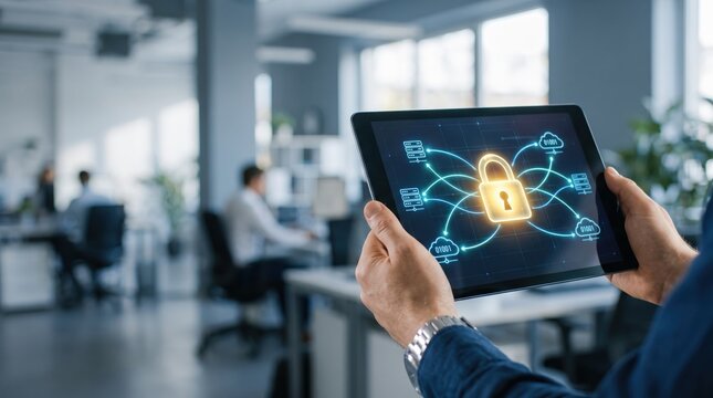 Hands holding tablet device displaying cybersecurity network security with glowing golden padlock icon connected to cloud servers, protecting sensitive data from hackers