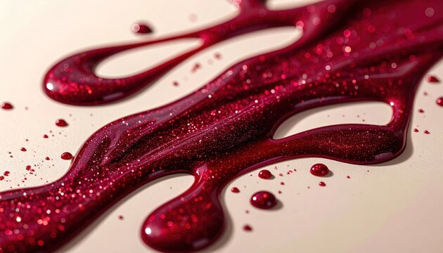 Macro view of dark red glittery nail polish drips on a smooth cream surface.