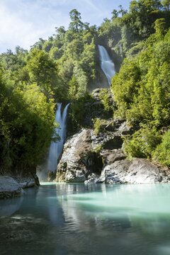 Cascadas Rio Blanco waterfalls and turquoise blue Rio Blanco river flows through temperate rainforest, Valdivian or northern Patagonian rainforest, Ruta de los Parques, Hornopir&eacute;n, Hualaihu&eacute;, Los Lagos, Patagonia Verde, Chile