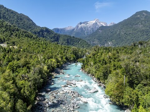 Valle Cholila mountain valley with Rio Blanco river, mountains and landscape near Hornopir&eacute;n, Hornopir&eacute;n National Park, aerial view, Patagonia, Los Lagos, Chile