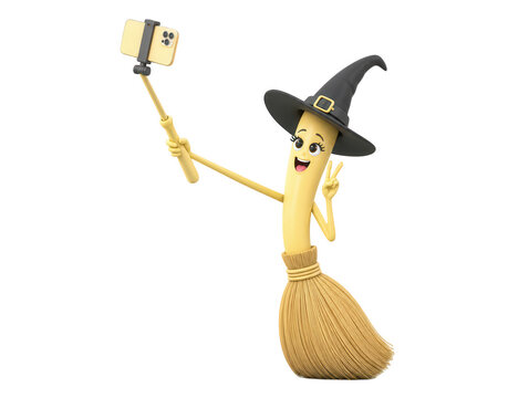 Cute cartoon witch broomstick character taking a selfie photo