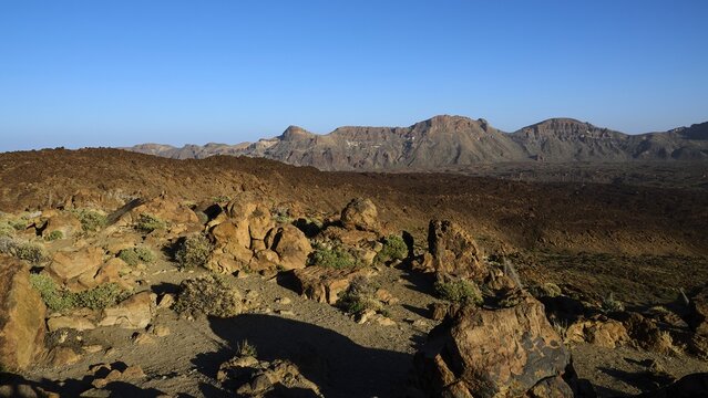 Mirador El Tabonal Negro, vast volcanic landscape interspersed with individual rocks, Teide, Parque Nacional del Teide, Teide National Park, volcano, volcanism, UNESCO World Heritage Site, Tenerife, Canary Islands, Spain