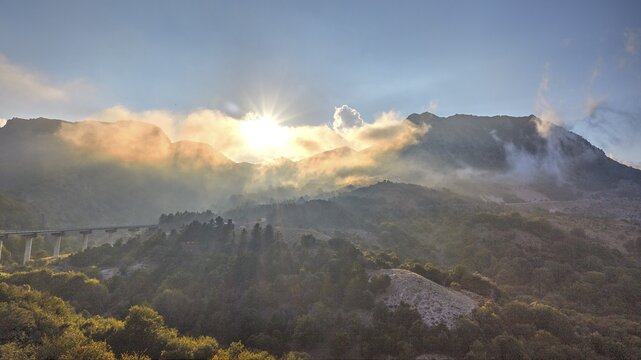 HDR shot, fog, clouds, backlight, bridge, mountains, Madonie National Park, spring, Sicily, Italy