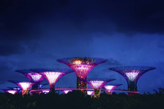Singapore city, Singapore - april 15th, 2024: aerial view Super tree park at Marina Bay Sand. Gardens by the Bay famous landmark supertrees grove. solar cell technology