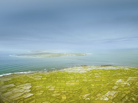Beautiful aerial landscape of Inisheer Island, part of Aran Islands, Ireland. Inishmore, Inishmaan, Inisheer all three islands. Ireland