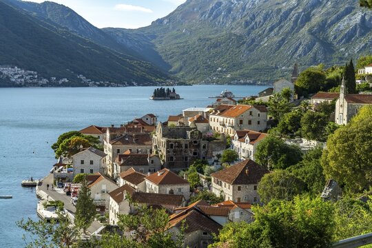 Perast and the islands of St. George, Sveti &ETH;orde and St. Mary on the Rock, Gospa od &Scaron;krpjela on the Bay of Kotor, Montenegro