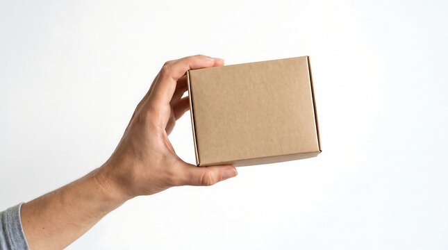 Hand holding a small cardboard box against a plain white background isolated on white background