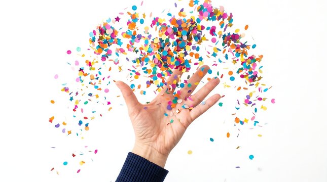 Hand throwing colorful confetti and streamers in the air against a white background celebrating a festive occasion isolated on white background