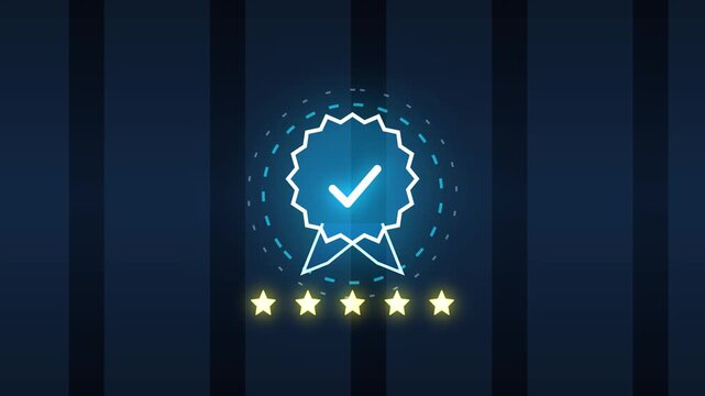 Rating Stars. Blue neon quality badge and four glowing rating stars