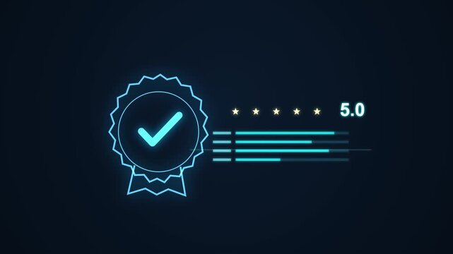 Rating Stars. Digital five star rating score with quality checkmark badge