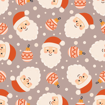 Seamless Christmas pattern with cute Santa Claus faces and festive ornaments. Cheerful vector design in warm tones, perfect for wrapping paper, textiles, and Christmas decor.
