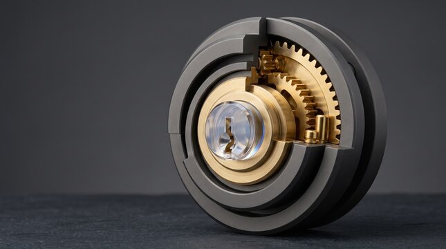 Conceptual cutaway lock cylinder mechanism with brass gears and titanium casing representing cybersecurity and data protection