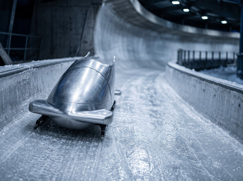silver bobsleigh sled stands on the ice track of a specialized winter sports venue prepared for the start of the competition