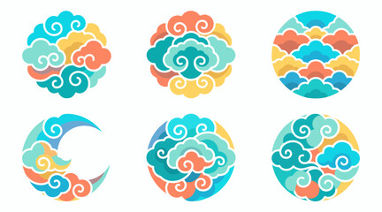 Fototapeta premium Colorful asian clouds arranged in circular vector graphic icons for decorative traditional eastern design project elements