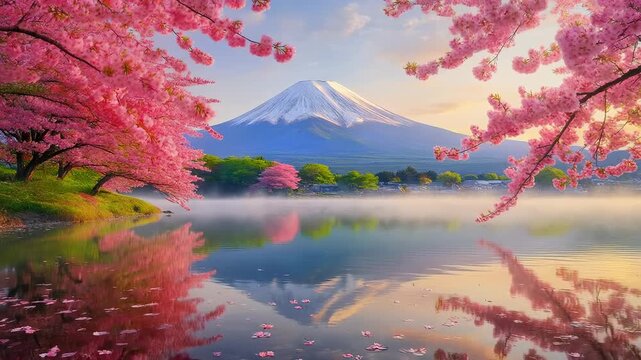 Mount Fuji with Cherry Blossoms and Lake Reflection 4K Generative AI