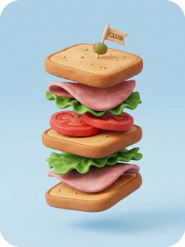 A stylized 3D rendered club sandwich with floating ingredients on a light blue background.
