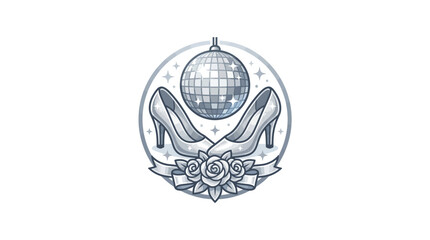 Obraz premium Disco ball hanging above elegant high heels framed by blooming roses and a festive ribbon banner design.