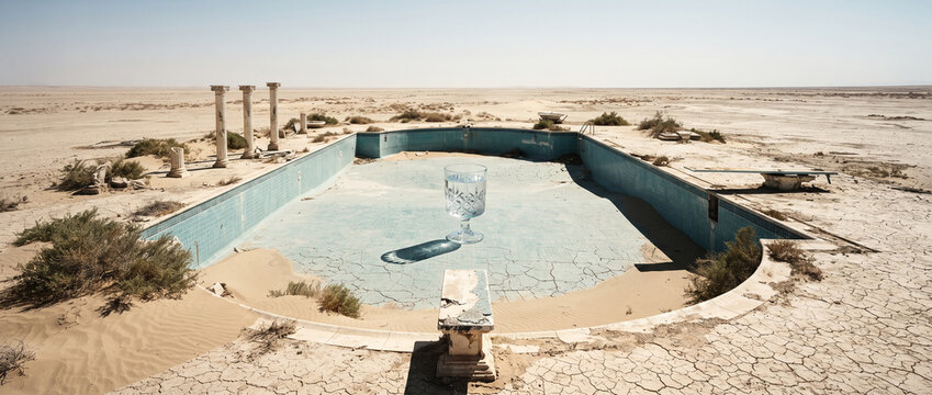 Giant Crystal Goblet of Water in an Abandoned Desert Swimming Pool with Ruins