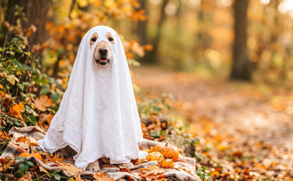Cute golden retriever dog wearing a funny ghost costume for Halloween celebration outdoors in a scenic autumn forest park