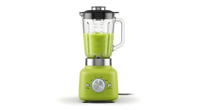 Lime green food blender with fresh green smoothie inside jar isolated on white background