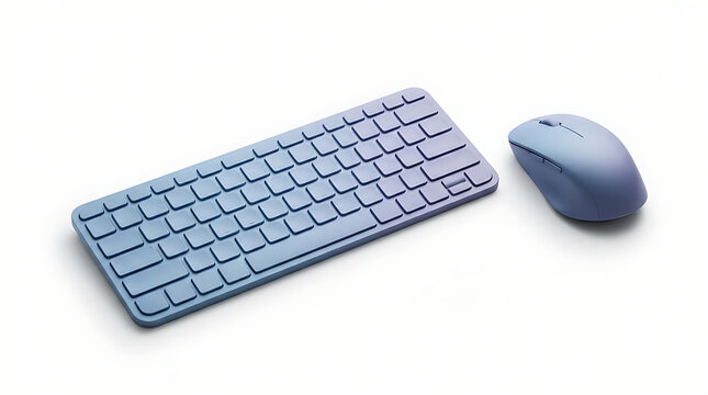 Slate blue wireless keyboard and computer mouse placed at angle isolated on white background