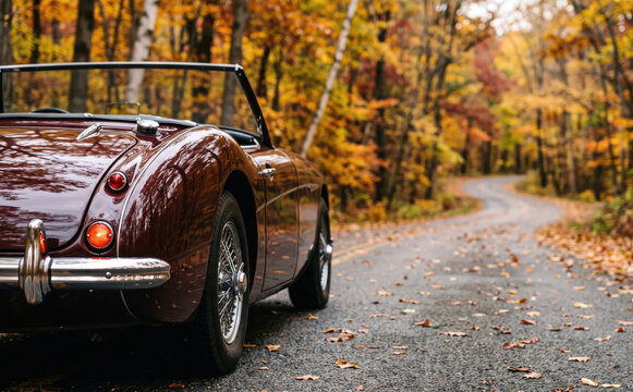 Classic vintage convertible car parked on a scenic autumn road covered in fallen leaves, evoking a sense of nostalgic travel and seasonal adventure