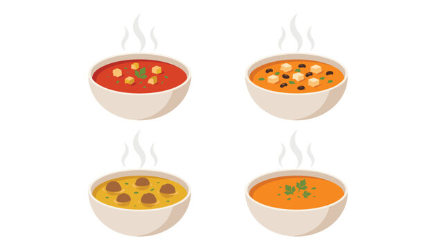 Delicious hot steaming soup bowls vector illustration collection including tomato pumpkin and meatball soups isolated on white background